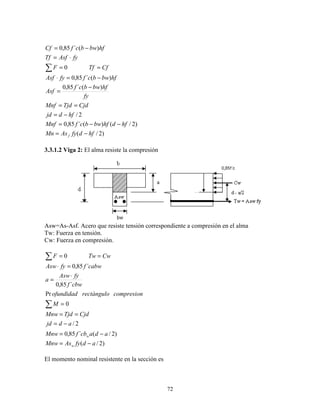 72
)2/(
)2/()(´85,0
2/
)(´85,0
)(´85,0
0
)(´85,0
hfdfyAsMn
hfdhfbwbcfMnf
hfdjd
CjdTjdMnf
fy
hfbwbcf
Asf
hfbwbcffyAsf
CfTfF
fyAsfTf
hfbwbcfCf
f −=
−−=
−=
==
−
=
−=⋅
==
⋅=
−=
∑
3.3.1.2 Viga 2: El alma resiste la compresión
Asw=As-Asf. Acero que resiste tensión correspondiente a compresión en el alma
Tw: Fuerza en tensión.
Cw: Fuerza en compresión.
)2/(
)2/(´85,0
2/
0
Pr
´85,0
´85,0
0
adfyAsMnw
adacbfMnw
adjd
CjdTjdMnw
M
compresionrectánguloofundidad
cbwf
fyAsw
a
cabwffyAsw
CwTwF
w
w
−=
−=
−=
==
=
⋅
=
=⋅
==
∑
∑
El momento nominal resistente en la sección es
 