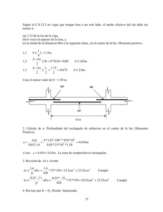 75
Según el C.8.12.3 en vigas que tengan losa a un solo lado, el ancho efectivo del ala debe ser
menor a:
(a) 1/12 de la luz de la viga,
(b) 6 veces el espesor de la losa, y
(c) la mitad de la distancia libre a la siguiente alma., en el centro de la luz .Momento positivo.
1.1 mlb 5.1
4
1
1 =≤ .
1.2 mbt
bwb
85,180,010,0*88
2
≤==≤
−
.
1.3 mb
lbwb
0.2875.0
2
75.1
22
2
≤==≤
−
.
Usar el menor valor de b = 1.50 m.
2. Cálculo de a: Profundidad del rectángulo de esfuerzos en el centro de la luz (Momento
Positivo).
m
cbf
Asfy
a 036.0
50.1*10*21*85.0
10*420*100/87.3*6
´85,0 6
62
===
,10,0036.0 maComo ≤= La zona de compresión es rectangular.
3. Revisión de minAsAs ≥
22
22.235.12150*25*
420
4.14,1
cmcmdbw
fy
As <==≥ Cumple
22
22.2322.10150*25*
420
21*25.0´25.0
cmcmdbw
fy
cf
As <==≥ Cumple
4. Revisar que fs = fy. Diseño balanceado.
 
