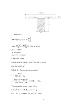 82
3. Calculo de As






−=
cf
fy
fybdMn
´
59.012 ρ
φρφ
2
2
3
22
35.197#5:
68.18
10*017.2
.875.281
16
10*1.45
16
ln*
cmUsar
cmAs
mkN
wu
Mu
=
=
=
===
−
ρ
4. Revisión Asmin
Asmin = (1,4 / fy )*dbw = 0.0033*240*42=33.6 cm2
Usar 2
7.358#7 cm=
Calculo de a (Se supone viga rectangular)
0 =	
12 3
0.85 ∗ ´ ∗ 9
cmm
x
x
a 82.10182.0
4.2*1021*85,0
10420*100/6.18
6
62
===
Viga rectangular ya que 1.82cm<15cm
5. Diseño Balanceado. Revisión fs = fy
a/d= 1.82 / 42 = 0,043<0.65ab/d = 0,325 Bien
 