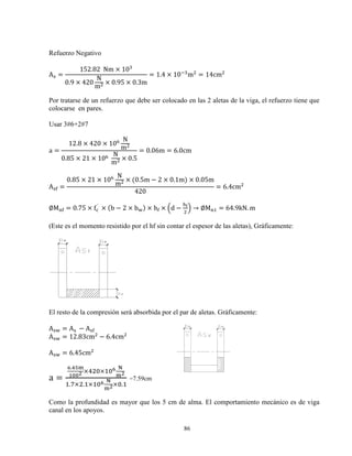 86
Refuerzo Negativo
A =
152.82		Nm × 10
0.9 × 420
N
m
× 0.95 × 0.3m
= 1.4 × 10 m = 14cm
Por tratarse de un refuerzo que debe ser colocado en las 2 aletas de la viga, el refuerzo tiene que
colocarse en pares.
Usar 3#6+2#7
a =
12.8 × 420 × 10^ N
m
0.85 × 21 × 10^ 	
N
m
× 0.5
= 0.06m = 6.0cm
A * =
0.85 × 21 × 10^ N
m
× (0.5m − 2 × 0.1m) × 0.05m
420
= 6.4cm
∅M * = 0.75 × f 	
´
× (b − 2 × bb) × h* × dd −
fg
h → ∅M = 64.9kN. m
(Este es el momento resistido por el hf sin contar el espesor de las aletas), Gráficamente:
El resto de la compresión será absorbida por el par de aletas. Gráficamente:
A b = A 	 − A *
A b = 12.83cm − 6.4cm
A b = 6.45cm
a =
i.jkl
mnnW ×o X× Xi p
lW
.q× . × Xi p
lW×X.
=7.59cm
Como la profundidad es mayor que los 5 cm de alma. El comportamiento mecánico es de viga
canal en los apoyos.
 