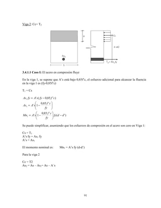 91
Viga 2: Cc= T2
3.4.1.1 Caso I: El acero en compresión fluye
En la viga 1, se supone que A’s está bajo 0,85f’c, el esfuerzo adicional para alcanzar la fluencia
en la viga 1 es (fy-0,85f’c)
T1 = Cs
)'(
'85,0
1'
'85,0
1'
)'85,0('
1
1
1
ddfy
fy
cf
sAMn
fy
cf
sAAs
cffysAfyAs
−





−=






−=
−=
Se puede simplificar, asumiendo que los esfuerzos de compresión en el acero son cero en Viga 1:
Cs = T1
A’s fy = As1 fy
A’s = As1
El momento nominal es: Mn1 = A’s fy (d-d’)
Para la viga 2
Cc = T2
As2 = As – As1= As – A´s
 