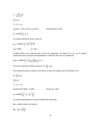 93
c =
εwx
εwx εy
v´
∑ Fh= 0
T = Cc + Cs
ρ.b.d.fy = 0.85.f´c.β1.c.b+ρ´b.d.fy dividiendo por: b.d.fy
ρ = 0.85β1
z	´w			
zy
	w
		{
+ ρ´
La cuantía mínima de acero a tracción
ρmin =0.85β1
z	´w					
zy
{			
{´
d
εwx ε!
{´
h
εcu= 0.003 εy= fy/Es
Cuantía Límite en el momento que el acero de compresión ha fluido. Si ε´s>εy. Es la cuantía
mínima de acero a tracción correspondiente a la fluencia del acero en compresión:
ρmin =0.85β1
z	´w					
zy
{			
{´
d
^XX
^XX ^XXzy´
h + ρ´
Si el acero Superior ha fluido entonces ρ =
|}
~{
≥ ρmin
Si la cuantía de acero es menor a este límite, el acero en compresión no ha fluido f´s<fy
ρ =
|}
~{
≤ ρmin
∑Fh=0
T = Cc + Cs
fyρ bd=0.85f´cβ1bc+ ρ´bdf´s divido por : bdfy ´
ρ = 0.85β1
		z	´	w
zy
w
{
+ρ´
z	´	}
zy
La cuantía balanceada de la sección doblemente reforzada:
ρbT: cuantía refuerzo en tensión.
ρbT = ρb + ρ´
z	´}
zy
 