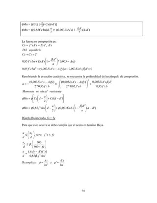 95
φMn = φ[Cc( d-
€
)+Cs(d-d´)]
φMn = φ[0.85f´c ba(d-	
€
)+ φ0.003EsA´s( 1-
βm{´
€
)(d-d´)
La fuerza en compresión es:
0''003,0)'003,0('85,0
003,0*
'
1''85,0
''''
1
2
1
=−−+
=





−+
=+
==
dsEsAaAsfysEsAcbaf
Asfy
a
d
sEsAcbaf
TCsCc
equilibrioDel
sAEsssAfCs s
β
β
ε
Resolviendo la ecuación cuadrática, se encuentra la profundidad del rectángulo de compresión.
( )
)'(
'
1'003,0
2
'85,0
'
2
min
'85,0
''003,0
'85,0*2
)'003,0(
'85,0*2
)'003,0(
1
1
2
dd
a
d
sEsA
a
dcbafMn
ddCs
a
dCcMn
resistentealnoMomento
cbf
dsEsA
cbf
AsfysEsA
cbf
AsfysEsA
a
−





−+





−=






−+





−=
+




 −
±
−
−=
β
φφφ
φφ
β
Diseño Balanceado fs = fy
Para que esto ocurra se debe cumplir que el acero en tensión fluya.
bd
sA
y
bd
As
emplazo
cbdf
ssfAAsfy
d
a
fyd
a
fysfpero
d
a
d
a
b
b
'
'Re
'85,0
)''(
600
600
',
1
1
==
−
=






+
≤
<





≤
ρρ
β
β
 