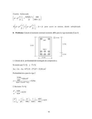 96
.,,
'
'
'
'
600
600'85,0'
' 1
dosubreforzadiseñotensionenaceroparafyfs
fy
sf
fy
sf
Si
fyfy
cf
fy
sf
balanceadaCuantia
b
b
=





−<





−






+
=





−
ρρρρ
β
ρρ
8. Problema: Calcule el momento nominal resistente Mnφ para la viga mostrada (Caso I)
1. Cálculo de la profundidad del rectángulo de compresión a.
Se asume que f s=fy y f’s=fy
As2 = As – As1 =6*5,10 – 2*3,87 = 22,86 cm2
Profundidad de a para la viga 2
m
x
x
a 18,0
3,0*1021*85,0
10420*
100
86,22
6
6
2
==
2. Revisión f’s=fy
35,0
600
420
1
85,0
1
600
1
1'
333,0
18,0
06,0'
1lim
=





−=





−=





==
fy
a
d
a
d
β
 