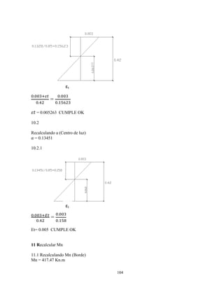 104
X.XX Z•‚
X.o
=
X.XX
X. ƒ^
„… = 0.005263 CUMPLE OK
10.2
Recalculando a (Centro de luz)
0 = 0.13451
10.2.1
				
X.XX Z”‚
X.o
=
X.XX
X. ƒˆ
Et= 0.005 CUMPLE OK
11 Recalcular Mn
11.1 Recalculando Mn (Borde)
Mn = 417.47 Kn.m
εt
εt
 