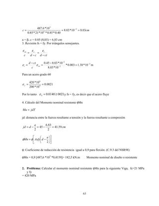 63
cmc 03.810*03.8
40.0*85.0*10*21*85.0
10*6.487 2
6
3
=== −
a = β1 c = 0.85 (8,03) = 6,83 cm
3. Revisión fs = fy. Por triángulos semejantes.
ctdcdc
tscu
−
=
−
=
εεε
2
2
2
10*38.1003.0*
10*03.8
10*03.845.0 −
−
−
=
−
=
−
= cut
c
ctd
εε m
Para un acero grado 60
0021.0
10*200
10*420
9
6
==yε
Por lo tanto 00210140.0 ≥=Sε y fs = fy, es decir que el acero fluye
4. Cálculo del Momento nominal resistente φMn
jdTMu =
jd: distancia entre la fuerza resultante a tensión y la fuerza resultante a compresión
cm
a
djd 59.41
2
83.6
45
2
=−=−=












−=
2
a
dAsfyMn φφ
φ: Coeficiente de reducción de resistencia igual a 0,9 para flexión. (C.9.3 del NSR98)
φMn = 0,9 [487,6 *103
*0,4159]= 182,5 kN.m Momento nominal de diseño o resistente
2. Problema: Calcular el momento nominal resistente φMn para la siguiente Viga, fc=21 MPa
y fy
= 420 MPa
 