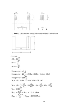 85
7. PROBLEMA: Diseñar la viga canal que se muestra a continuación
L = 6m
CM = 25
kN
m
CV = 5
kN
m
W = 2.5
kN
m
Peso	propio = γ × A
Peso	propio = 24
kN
m
× (0.5m × 0.35m − 0.3m × 0.3m)
Peso	propio = 2.04
kN
m
W) = 1.2 × (CM + PP) + 1.6 × CV + 0.8 × W
W) = 1.2 × S25
kN
m
+ 2.04
kN
m
T + 1.6 × 5
kN
m
+ 0.8 × 2.5
kN
m
W) = 42.45
kN
m
M' =
UV× W
X
→ M' = 152.82	kN. m
M' Z =
W) × l
14
→ M' Z = 109.16	kN. m
 