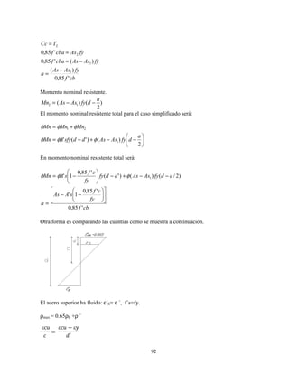 92
cbf
fyAsAs
a
fyAsAscbaf
fyAscbaf
TCc
'85,0
)(
)('85,0
'85,0
1
1
2
2
−
=
−=
=
=
Momento nominal resistente.
)
2
()( 12
a
dfyAsAsMn −−=
El momento nominal resistente total para el caso simplificado será:






−−+−=
+=
2
)()'(' 1
21
a
dfyAsAsddsfyAMn
MnMnMn
φφφ
φφφ
En momento nominal resistente total será:
cbf
fy
cf
sAAs
a
adfyAsAsddfy
fy
cf
sAMn
'85,0
'85,0
1'
)2/()()'(
'85,0
1' 1












−−
=
−−+−





−= φφφ
Otra forma es comparando las cuantías como se muestra a continuación.
El acero superior ha fluido: ε´S= ε ´, f´s=fy.
ρmax = 0.65ρb +ρ ´
εcu
=	
εct − εy
v´
 
