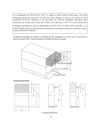 48
En el suplemento de 1976 del ACI 318-71, se adoptó un límite inferior de β1 igual a 0.65 para
resistencias delconcreto mayores de 55 MPa. Los datos obtenidos en ensayos con concreto de alta
resistenciaC.10.1,C.10.2 respaldan el uso del bloque de esfuerzos rectangular equivalente para
resistencias del concreto que excedan los 55 MPa, con un β1 igual a 0.65. El uso de la distribución
rectangular equivalente de esfuerzos especificada en el ACI 318-71 sin límite inferior para β1 , tuvo
como resultado diseños inconsistentes para concreto de alta resistencia en elementos sometidos a cargas
axiales y de flexión combinadas.
El bloque rectangular de esfuerzos es descrito por dos constantes α1 y β1 (C.10.2.7.3), pero β1 no
debe ser menor a 0.65. Isométricamente el bloque de esfuerzos queda:
Sección transversal
Sección transversal.
 