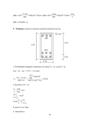 98
mKNMn
xxMn
:4,552
)
2
18,0
56,0(*10420*
100
86,22
*9,0)06,056,0(*10420*
100
87,3*2
*9,0 6
2
6
2
=
−+−=
φ
φ
9. Problema: Calcule el momento nominal resistente (Caso II).
1. Profundidad rectángulo compresión. Se asume f’s = fy y que fs = fy
As2 = As – As1 = 3*5,1 = 15,3 cm2
m
x
x
cbf
fyAsAs
a 12,0
3,0*1021*85,0
10420*
100
3,15
'85,0
)(
6
6
2
1
==
−
=
3. Revisión si f’s = fy
lim
lim
''
35,0
'
5,0
12,0
06,0'






>
=





==
a
d
a
d
Como
a
d
a
d
El acero f’s no fluye
4. Recalcular a
 