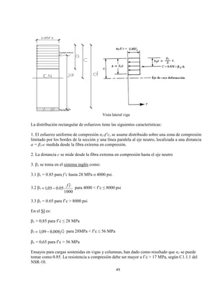 49
Vista lateral viga
La distribución rectangular de esfuerzos tiene las siguientes características:
1. El esfuerzo uniforme de compresión α1*f’c, se asume distribuido sobre una zona de compresión
limitado por los bordes de la sección y una línea paralela al eje neutro, localizada a una distancia
a = β1*c medida desde la fibra extrema en compresión.
2. La distancia c se mide desde la fibra extrema en compresión hasta el eje neutro
3. β1 se toma en el sistema inglés como:
3.1 β1 = 0.85 para f’c hasta 28 MPa o 4000 psi.
3.2 β1
1000
05.005,1
cf ′
−= para 4000 < f’c ≤ 8000 psi
3.3 β1 = 0.65 para f’c > 8000 psi
En el SI es:
β1 = 0,85 para f’c ≤ 28 MPa
β1 = cf ′− 008,009,1 para 28MPa < f’c ≤ 56 MPa
β1 = 0,65 para f’c > 56 MPa
Ensayos para cargas sostenidas en vigas y columnas, han dado como resultado que α1 se puede
tomar como 0.85. La resistencia a compresión debe ser mayor a f´c > 17 MPa, según C1.1.1 del
NSR-10.
 