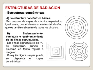 ESTRUCTURAS DE RADIACIÓN
• Estructuras concéntricas:

 A) La estructura concéntrica básica.
 Se compone de capas de círculos espaciados
igualmente, que encierran al centro del diseño,
que es también el centro de todos los círculos.

  B)           Enderezamiento,
curvatura o quebrantamiento
de las líneas estructurales.
  Las líneas estructurales de “A”
se     enderezan,     curvan    o
quiebran en forma regular o
irregular.
  Cualquier figura simple puede
ser     dispuesta    en    capas
concéntricas.
 