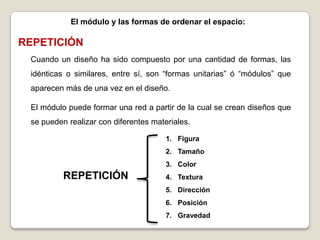 El módulo y las formas de ordenar el espacio:

REPETICIÓN
 Cuando un diseño ha sido compuesto por una cantidad de formas, las
 idénticas o similares, entre sí, son “formas unitarias” ó “módulos” que
 aparecen más de una vez en el diseño.

 El módulo puede formar una red a partir de la cual se crean diseños que
 se pueden realizar con diferentes materiales.

                                       1. Figura
                                       2. Tamaño
                                       3. Color
          REPETICIÓN                   4. Textura
                                       5. Dirección
                                       6. Posición
                                       7. Gravedad
 