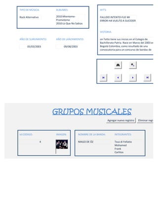 TIPO DE MÚSICA:        ALBUMES:                          HIT'S:

Rock Alternativo       2010:Mienteme-                    FALLIDO INTENTO-FUE MI
                       Prometeme                         ERROR-HA VUELTO A SUCEDER
                       2010:Lo Que No Sabias

                                                         HISTORIA:

AÑO DE SURGIMIENTO:    AÑO DE LANZAMIENTO:               on Tetto tiene sus inicios en el Colegio de
                                                         Bachillerato Patria. Nace en Marzo del 2003 en
      05/03/2003             09/08/2003                  Bogotá Colombia, como resultado de una
                                                         convocatoria para un concurso de bandas de




                       GRUPOS MUSICALES
                                                                  Agregar nuevo registro   Eliminar registro



Id CODIGO:             IMAGEN:            NOMBRE DE LA BANDA:          INTEGRANTES:

                   4                      MAGO DE ÖZ                   Txus di Fellatio
                                                                       Mohamed
                                                                       Frank
                                                                       Carlitos
 