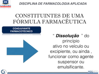 DISCIPLINA DE FARMACOLOGIA APLICADA
COADJUVANTE
FARMACOTÉCNICO
“ Dissolução ” do
princípio
ativo no veículo ou
excipiente, ou ainda ,
funcionar como agente
suspensor ou
emulsiﬁcante.
CONSTITUINTES DE UMA
FÓRMULA FARMACÊUTICA
 
