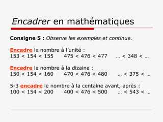 Encadrer  en mathématiques Consigne 5 :  Observe les exemples et continue. Encadre  le nombre à l’unité : 153 < 154 < 155  475 < 476 < 477  … < 348 < … Encadre  le nombre à la dizaine : 150 < 154 < 160  470 < 476 < 480  … < 375 < … 5-3  encadre  le nombre à la centaine avant, après : 100 < 154 < 200  400 < 476 < 500  … < 543 < … 