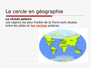 Le  cercle  en géographie Le climat polaire Les régions les plus froides de la Terre sont situées entre les pôles et  les cercles  polaires . 