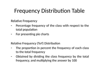 Frequency Distribution Table
Relative Frequency
- Percentage frequency of the class with respect to the
total population
- For presenting pie charts
Relative Frequency (%rf) Distribution
- The proportion in percent the frequency of each class
to the total frequency
- Obtained by dividing the class frequency by the total
frequency, and multiplying the answer by 100
 