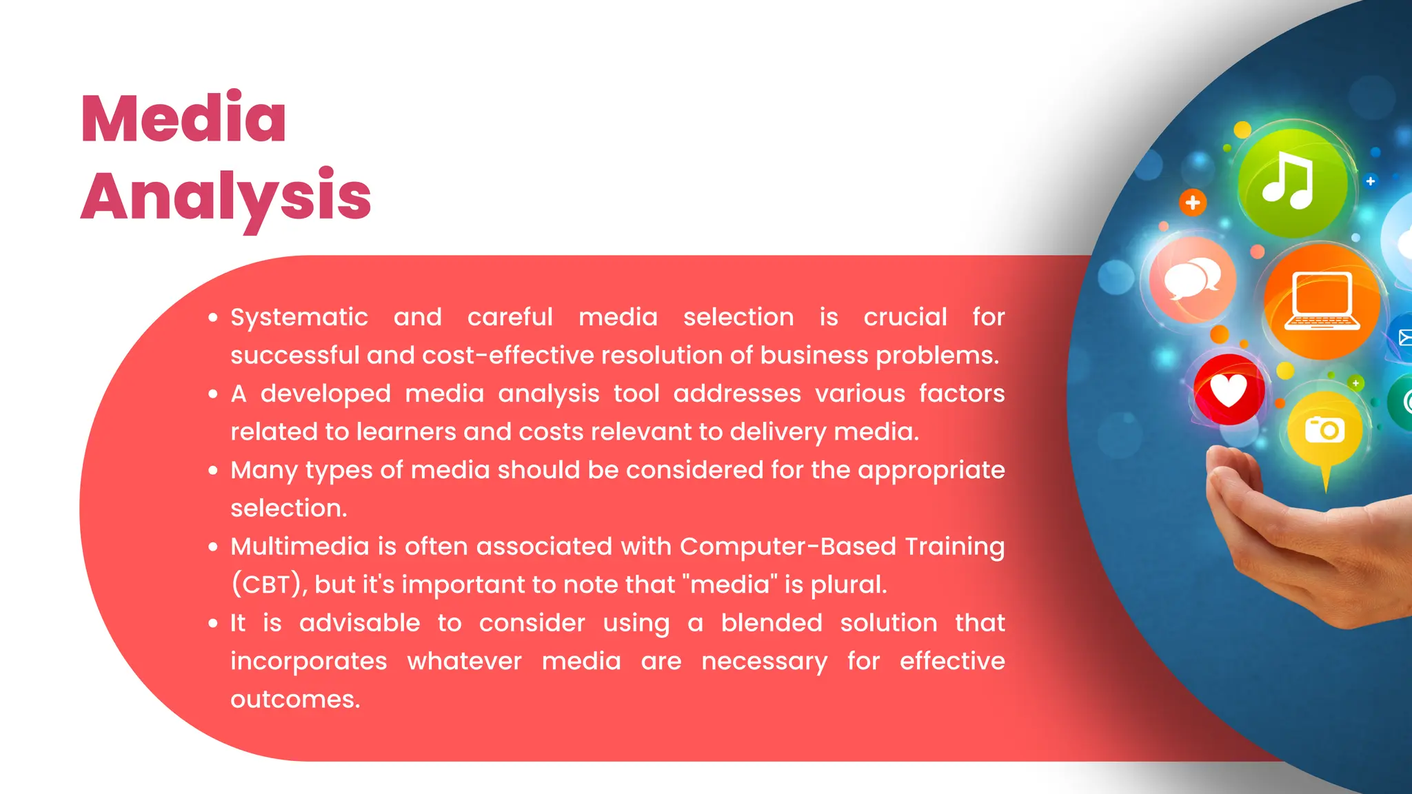 Media
Analysis
Systematic and careful media selection is crucial for
successful and cost-effective resolution of business problems.
A developed media analysis tool addresses various factors
related to learners and costs relevant to delivery media.
Many types of media should be considered for the appropriate
selection.
Multimedia is often associated with Computer-Based Training
(CBT), but it's important to note that "media" is plural.
It is advisable to consider using a blended solution that
incorporates whatever media are necessary for effective
outcomes.
 