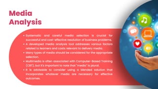 Media
Analysis
Systematic and careful media selection is crucial for
successful and cost-effective resolution of business problems.
A developed media analysis tool addresses various factors
related to learners and costs relevant to delivery media.
Many types of media should be considered for the appropriate
selection.
Multimedia is often associated with Computer-Based Training
(CBT), but it's important to note that "media" is plural.
It is advisable to consider using a blended solution that
incorporates whatever media are necessary for effective
outcomes.
 