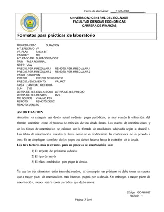 Fecha de efectividad: ____11-08-2008___________
UNIVERSIDAD CENTRAL DEL ECUADOR
FACULTAD CIENCIAS ECONOMICAS
CARRERA DE FINANZAS
Formatos para prácticas de laboratorio
Código GC-N6-017
Revisión 1
Página 3 de 6
MONEDA.FRAC DURACION
INT.EFECTIVO VF
VF.PLAN TASA.INT
PAGOINT TIR
INT.PAGO.DIR DURACION.MODIF
TIRM TASA.NOMINAL
NPER VNA
PRECIO.PER.IRREGULAR.1 RENDTO.PER.IRREGULAR.1
PRECIO.PER.IRREGULAR.2 RENDTO.PER.IRREGULAR.2
PAGO PAGOPRIN
PRECIO PRECIO.DESCUENTO
PRECIO.VENCIMIENTO VALACT
TASA CANTIDAD.RECIBIDA
SLN SYD
LETRA.DE.TES.EQV.A.BONO LETRA.DE.TES.PRECIO
LETRA.DE.TES.RENDTO DVS
TIR.NO.PER VNA.NO.PER
RENDTO RENDTO.DESC
RENDTO.VENCTO
AMORTIZACION
Amortizar es extinguir una deuda actual mediante pagos periódicos, es muy común la utilización del
término amortizar como el proceso de extinción de una deuda futura. Los valores de amortizaciones y
de los fondos de amortización se calculan con la fórmula de anualidades adecuada según la situación.
Las tablas de amortización muestra la forma como se va modificando las condiciones de un periodo a
otro. Es un despliegue completo de los pagos que deben hacerse hasta la extinción de la deuda.
Los tres factores más relevantes para un proceso de amortización son:
1) El importe del préstamo o deuda
2) El tipo de interés
3) El plazo establecido para pagar la deuda.
Ya que los tres elementos están interrelacionados, al contemplar un préstamo se debe tomar en cuenta
que a mayor plazo de amortización, más intereses pagará por su deuda. Sin embargo, a mayor plazo de
amortización, menor será la cuota periódica que deba asumir.
 