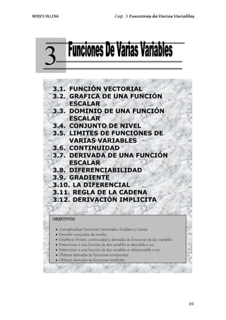 MOISES VILLENA                                      Cap. 3 Funciones de Varias Variables




      3
        3.1. FUNCIÓN VECTORIAL
        3.2. GRAFICA DE UNA FUNCIÓN
             ESCALAR
     3.1.
        3.3. DOMINIO DE UNA FUNCIÓN
     3.2.    ESCALAR
     3.3.
        3.4. CONJUNTO DE NIVEL
     3.4.
        3.5. LIMITES DE FUNCIONES DE
             VARIAS VARIABLES
        3.6. CONTINUIDAD
        3.7. DERIVADA DE UNA FUNCIÓN
             ESCALAR
        3.8. DIFERENCIABILIDAD
        3.9. GRADIENTE
        3.10. LA DIFERENCIAL
        3.11. REGLA DE LA CADENA
        3.12. DERIVACIÓN IMPLICITA


          OBJETIVOS:

            •    Conceptualizar funciones Vectoriales, Escalares y Curvas
            •    Describir conjuntos de niveles.
            •    Establecer límites, continuidad y derivadas de funciones de dos variables.
            •    Determinar si una función de dos variables es derivable o no.
            •    Determinar si una función de dos variables es diferenciable o no.
            •    Obtener derivadas de funciones compuestas.
            •    Obtener derivadas de funciones implícitas.




                                                                                              69
 