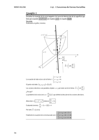 MOISES VILLENA                                                Cap. 3 Funciones de Varias Variables


                 Ejemplo 1
                 Encontrar la ecuación de la recta tangente a la curva de intersección de la superficie que
                 tiene por ecuación z = x 2 + y 2 con el plano y = 1 en el punto (2,1,5) .
                 SOLUCIÓN:
                 Realizando un gráfico, tenemos:



                                                                    z

                                                z = x2 + y2




                                                                  (2,1,5)•
                                                   y =1

                                                                                                          y
                                                                                     ∂z
                                                                                m=
                                                                                     dx ( 2,1)
                                                                          dz
                                                                                          →
                                                                                              ⎛    ∂f ⎞
                                                                                          S = ⎜1,0, ⎟
                                            x                                                 ⎝    ∂x ⎠
                                                                           dx




                                                                 ⎧ x = x0 + at
                                                                 ⎪
                 La ecuación de toda recta es de la forma l : ⎨ y = y0 + bt .
                                                                 ⎪ z = z + ct
                                                                 ⎩      0
                 El punto está dado: (x0 , y0 , z0 ) = (2,1,5) .
                                                                                                      →
                                                                                                          ⎛      ∂f ⎞
                 Los vectores directrices son paralelos al plano zx y por tanto son de la forma: S = ⎜ 1, 0, ⎟ .
                                                                                                          ⎝      ∂x ⎠
                 ¿Por qué?
                                                     ∂z
                 La pendiente de la recta será m =      (2,1) ; que definirá la dirección de los vectores directores.
                                                    dx

                                                              ∂z
                 Ahora bien, si z = x 2 + y 2 entonces           = 2x .
                                                              ∂x
                                        ∂z
                 Evaluando tenemos:        = 2 x = 2(2) = 4
                                        ∂x
                            →
                 Por tanto S = (1, 0, 4 )
                                                                      ⎧ x = x0 + at = 2 + t
                                                                      ⎪
                 Finalmente la ecuación de la recta buscada será: l : ⎨ y = y0 + bt = 1 + 0t
                                                                      ⎪ z = z + ct = 5 + 4t
                                                                      ⎩      0




94
 