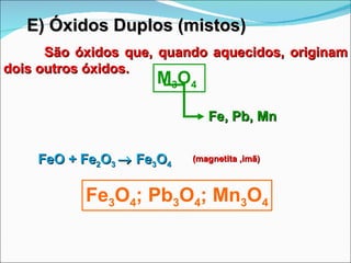 E) Óxidos Duplos (mistos)   São óxidos que, quando aquecidos, originam dois outros óxidos.  M 3 O 4   Fe, Pb, Mn Fe 3 O 4 ; Pb 3 O 4 ; Mn 3 O 4 FeO + Fe 2 O 3    Fe 3 O 4 (magnetita ,imã) 