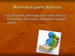Herriaren parte hartzea. Zaila da denok gobernuan zuzen parte hartzea. Horretarako herritarrek ordezkariak hautatze dituzte. 