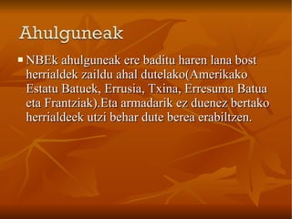 NBEk ahulguneak ere baditu haren lana bost herrialdek zaildu ahal dutelako(Amerikako Estatu Batuek, Errusia, Txina, Erresuma Batua eta Frantziak).Eta armadarik ez duenez bertako herrialdeek utzi behar dute berea erabiltzen. 