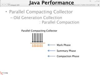 Java Performance
                                                                     70
                  Java Performance Fundamental | twitter @novathinker
                               artdb@ex-em.com | performeister.tistory.com
  Hotspot JVM



• Parallel Compacting Collector
  – Old Generation Collection
                 : Parallel Compaction

                Parallel Compacting Collector




                                            Mark Phase

                                            Summary Phase

                                            Compaction Phase
 