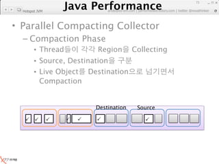 Java Performance
                                                                       73
                    Java Performance Fundamental | twitter @novathinker
                                 artdb@ex-em.com | performeister.tistory.com
  Hotspot JVM



• Parallel Compacting Collector
  – Compaction Phase
        • Thread                    Region       Collecting
        • Source, Destination
        • Live Object Destination
          Compaction


                                   Destination    Source

                                               
 