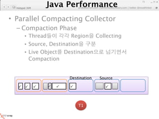 Java Performance
                                                                       73
                    Java Performance Fundamental | twitter @novathinker
                                 artdb@ex-em.com | performeister.tistory.com
  Hotspot JVM



• Parallel Compacting Collector
  – Compaction Phase
        • Thread                    Region       Collecting
        • Source, Destination
        • Live Object Destination
          Compaction


                                   Destination    Source

                                               



                                       T1
 