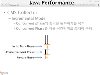 Java Performance
                                                                     85
                  Java Performance Fundamental | twitter @novathinker
                               artdb@ex-em.com | performeister.tistory.com
    Hotspot JVM




• CMS Collector
  – Incremental Mode
       • Concurrent phase
       • Concurrent Phase




      Initial Mark Phase

 Concurrent Mark Phase

           Remark Phase
 