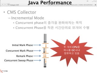 Java Performance
                                                                     85
                  Java Performance Fundamental | twitter @novathinker
                               artdb@ex-em.com | performeister.tistory.com
    Hotspot JVM




• CMS Collector
   – Incremental Mode
       • Concurrent phase
       • Concurrent Phase




      Initial Mark Phase
                                                         CPU
 Concurrent Mark Phase                                   GC

           Remark Phase
Concurrent Sweep Phase
 