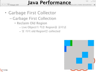 Java Performance
                                                                     102
                  Java Performance Fundamental | twitter @novathinker
                               artdb@ex-em.com | performeister.tistory.com
  Hotspot JVM




• Garbage First Collector
  – Garbage First Collection
       • Reclaim Old Region
                – Live Object      Region
                –        old Region collected
 