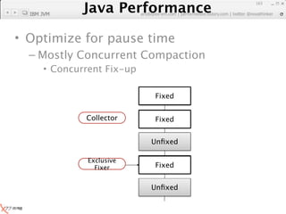 Java Performance
                                                               163

  IBM JVM
            Java Performance Fundamental | twitter @novathinker
                         artdb@ex-em.com | performeister.tistory.com




• Optimize for pause time
  – Mostly Concurrent Compaction
      • Concurrent Fix-up

                                  Unﬁxed
                                   Fixed
                                   Busy


                Collector         Unﬁxed
                                   Busy
                                   Fixed


                                  Unﬁxed

                 Exclusive
                 Trapped
                 Mutator
                   Fixer          Unﬁxed
                                   Busy
                                   Fixed


                                  Unﬁxed
 