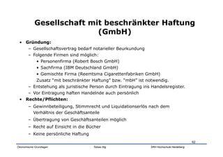 Gesellschaft mit beschränkter Haftung
                           (GmbH)
 •  Gründung:
     –  Gesellschaftsvertrag bedarf notarieller Beurkundung
     –  Folgende Firmen sind möglich:
         •  Personenfirma (Robert Bosch GmbH)
         •  Sachfirma (IBM Deutschland GmbH)
         •  Gemischte Firma (Reemtsma Cigarettenfabriken GmbH)
         Zusatz “mit beschränkter Haftung” bzw. “mbH” ist notwendig.
     –  Entstehung als juristische Person durch Eintragung ins Handelsregister.
     –  Vor Eintragung haften Handelnde auch persönlich
 •  Rechte/Pflichten:
       –  Gewinnbeteiligung, Stimmrecht und Liquidationserlös nach dem
          Verhältnis der Geschäftsanteile
       –  Übertragung von Geschäftsanteilen möglich
       –  Recht auf Einsicht in die Bücher
       –  Keine persönliche Haftung
                                                                                          62
Ökonomische Grundlagen                Tobias Illig            SRH Hochschule Heidelberg
 