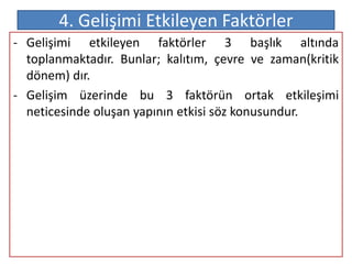 4. Gelişimi Etkileyen Faktörler
- Gelişimi etkileyen faktörler 3 başlık altında
  toplanmaktadır. Bunlar; kalıtım, çevre ve zaman(kritik
  dönem) dır.
- Gelişim üzerinde bu 3 faktörün ortak etkileşimi
  neticesinde oluşan yapının etkisi söz konusundur.
 