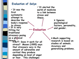 It was the first systematic attempt to describe the body’s response to stress It alerted the world of medicine to a link between stress and illness. It is very fitting for traditional stressors posing as a physical threat  X  BUT: Does it work for all stress?  Mason (1995) says that stressors vary in the amount of adrenaline and cortisol they produce depending on level of anger or fear.  This challenges Selye. X  Ignores psychological factors, personality, and gender. X  Much supporting research is based on studies of animals.  Accuracy and generalising problems. Evaluation of Selye Evaluation 
