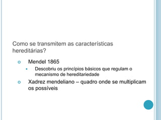 Como se transmitem as características
hereditárias?
        Mendel 1865
          Descobriu os princípios básicos que regulam o
           mecanismo de hereditariedade
        Xadrez mendeliano – quadro onde se multiplicam
         os possíveis
 