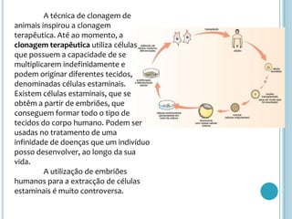 A técnica de clonagem de
animais inspirou a clonagem
terapêutica. Até ao momento, a
clonagem terapêutica utiliza células
que possuem a capacidade de se
multiplicarem indefinidamente e
podem originar diferentes tecidos,
denominadas células estaminais.
Existem células estaminais, que se
obtêm a partir de embriões, que
conseguem formar todo o tipo de
tecidos do corpo humano. Podem ser
usadas no tratamento de uma
infinidade de doenças que um indivíduo
posso desenvolver, ao longo da sua
vida.
         A utilização de embriões
humanos para a extracção de células
estaminais é muito controversa.
 