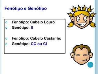 Fenótipo e Genótipo


   Fenótipo: Cabelo Louro
   Genótipo: ll

   Fenótipo: Cabelo Castanho
   Genótipo: CC ou Cl
 