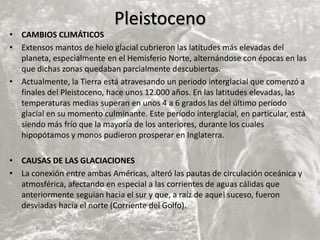 Pleistoceno
• CAMBIOS CLIMÁTICOS
• Extensos mantos de hielo glacial cubrieron las latitudes más elevadas del
planeta, especialmente en el Hemisferio Norte, alternándose con épocas en las
que dichas zonas quedaban parcialmente descubiertas.
• Actualmente, la Tierra está atravesando un período interglacial que comenzó a
finales del Pleistoceno, hace unos 12.000 años. En las latitudes elevadas, las
temperaturas medias superan en unos 4 a 6 grados las del último período
glacial en su momento culminante. Este período interglacial, en particular, está
siendo más frío que la mayoría de los anteriores, durante los cuales
hipopótamos y monos pudieron prosperar en Inglaterra.
• CAUSAS DE LAS GLACIACIONES
• La conexión entre ambas Américas, alteró las pautas de circulación oceánica y
atmosférica, afectando en especial a las corrientes de aguas cálidas que
anteriormente seguían hacia el sur y que, a raíz de aquel suceso, fueron
desviadas hacia el norte (Corriente del Golfo).
V. Miranda - 2022
 