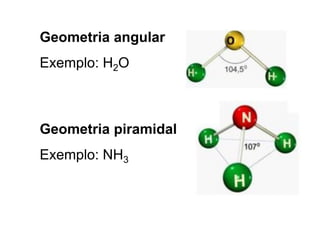 Geometria angular
Exemplo: H2O
Geometria piramidal
Exemplo: NH3
 