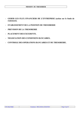 ISTA Beni Mellal Formateurs : MELLOUKI et ELBANOUI Page 13 sur 55
MISSION DU TRESORIER
- GERER LES FLUX FINANCIERS DE L'ENTREPRISE (action sur le fonds de
roulement).
- ETABLISSEMENT DE LA POSITION DE TRESORERIE
- PREVISION DE LA TRESORERIE
- PLACEMENT DES EXCEDENTS.
- NEGOCIATION DES CONDITIONS BANCAIRES.
- CONTROLE DES OPERATIONS BANCAIRES ET DE TRESORERIE.
 