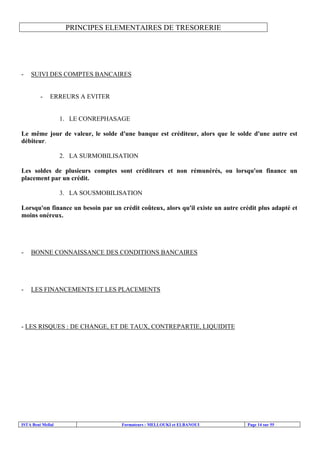 ISTA Beni Mellal Formateurs : MELLOUKI et ELBANOUI Page 14 sur 55
PRINCIPES ELEMENTAIRES DE TRESORERIE
- SUIVI DES COMPTES BANCAIRES
- ERREURS A EVITER
1. LE CONREPHASAGE
Le même jour de valeur, le solde d'une banque est créditeur, alors que le solde d'une autre est
débiteur.
2. LA SURMOBILISATION
Les soldes de plusieurs comptes sont créditeurs et non rémunérés, ou lorsqu'on finance un
placement par un crédit.
3. LA SOUSMOBILISATION
Lorsqu'on finance un besoin par un crédit coûteux, alors qu'il existe un autre crédit plus adapté et
moins onéreux.
- BONNE CONNAISSANCE DES CONDITIONS BANCAIRES
- LES FINANCEMENTS ET LES PLACEMENTS
- LES RISQUES : DE CHANGE, ET DE TAUX, CONTREPARTIE, LIQUIDITE
 
