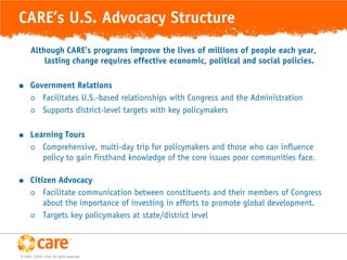 CARE’s U.S. Advocacy Structure
      Although CARE’s programs improve the lives of millions of people each year,
          lasting change requires effective economic, political and social policies.

     Government Relations
       Facilitates U.S.-based relationships with Congress and the Administration

       Supports district-level targets with key policymakers



     Learning Tours
       Comprehensive, multi-day trip for policymakers and those who can influence
         policy to gain firsthand knowledge of the core issues poor communities face.

     Citizen Advocacy
       Facilitate communication between constituents and their members of Congress
          about the importance of investing in efforts to promote global development.
       Targets key policymakers at state/district level




© 2005, CARE USA. All rights reserved.
 