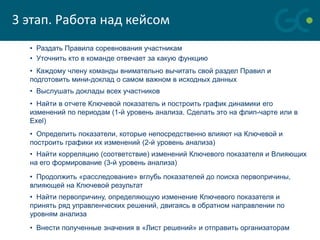 3 этап. Работа над кейсом
  • Раздать Правила соревнования участникам
  • Уточнить кто в команде отвечает за какую функцию
  • Каждому члену команды внимательно вычитать свой раздел Правил и
  подготовить мини-доклад о самом важном в исходных данных
  • Выслушать доклады всех участников
  • Найти в отчете Ключевой показатель и построить график динамики его
  изменений по периодам (1-й уровень анализа. Сделать это на флип-чарте или в
  Exel)
  • Определить показатели, которые непосредственно влияют на Ключевой и
  построить графики их изменений (2-й уровень анализа)
  • Найти корреляцию (соответствие) изменений Ключевого показателя и Влияющих
  на его формирование (3-й уровень анализа)
  • Продолжить «расследование» вглубь показателей до поиска первопричины,
  влияющей на Ключевой результат
  • Найти первопричину, определяющую изменение Ключевого показателя и
  принять ряд управленческих решений, двигаясь в обратном направлении по
  уровням анализа
  • Внести полученные значения в «Лист решений» и отправить организаторам
 