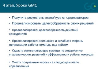 4 этап. Уроки GMC

   • Получить результаты этапа/тура от организаторов
   • Проанализировать целесообразность своих решений
   • Проанализировать целесообразность действий
   конкурентов

   • Проанализировать «сильные» и «слабые» стороны
   организации работы команды над кейсом
   • Сделать соответствующие выводы по содержанию
   управленческих решений и эффективности работы команды

   • Учесть полученные «уроки» в следующем этапе
   соревнования
 